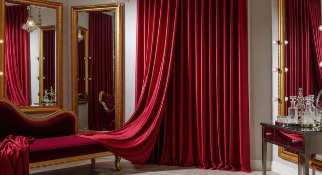 Luxurious deep ruby red pleated silk charmeuse curtain draped elegantly beside an ornate gilt mirror and sofa