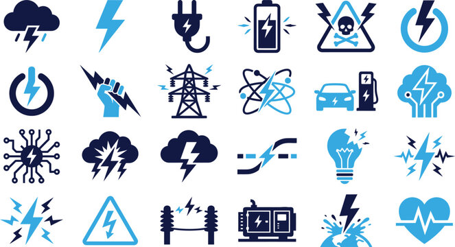 Collection of electricity and energy icons in blue and dark blue colors, graphic design elements.