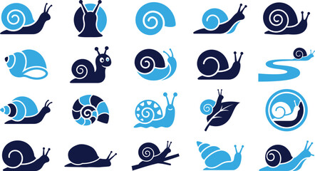 Collection of stylized snail icons and symbols in various poses on white background. © FahimBD