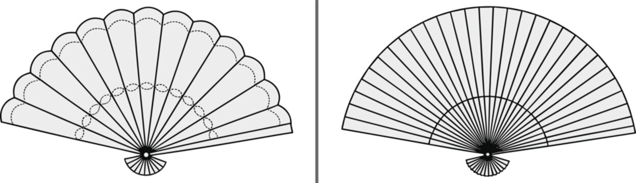 Hand fan set with decorative patterns, elegant folding fan outline illustration, traditional accessory design isolated on white background, minimal vector style
