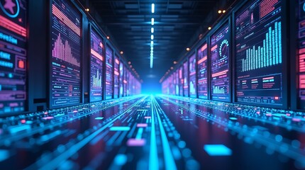 Fototapeta premium Futuristic Server Room with Glowing Data Displays and Blue Light.