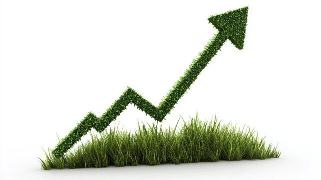 Upward green arrow made of foliage rising from grass isolated on white background