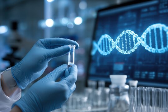 Glass vials contain RNA molecule in a laboratory with a glowing dna helix on a blue screen. Lab scientist holding medical testing tube of medical research with cells and virus cure using DNA genome.