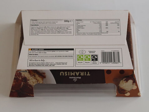 Norwich, England: April 10 2026. Nutritious tiramisu packaging displaying detailed ingredients and nutritional information for health conscious consumers