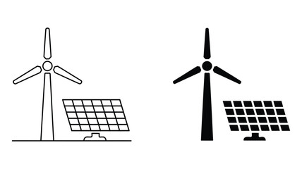 Renewable energy icons wind turbine, solar panels, and leaf, illustrating clean power and sustainability concepts, clean vector illustration © Elizabeth Profit
