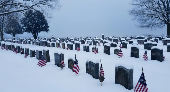 Snow-covered gravestones with american flags in a cemetery, tombstones