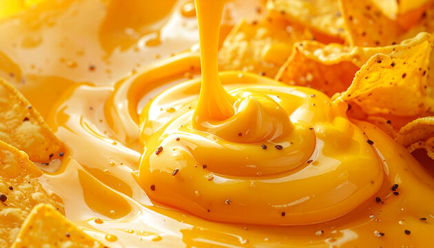 Cheese sauce pouring over tortilla chips