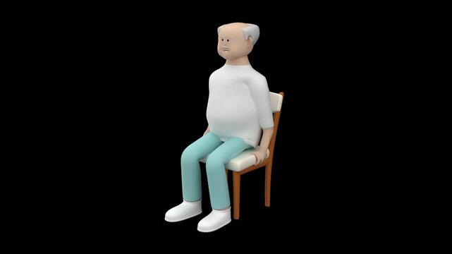 Animation of an elderly man doing a seated step leg out exercise while sitting on a chair, 3d render with alpha channel
