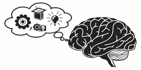 Human brain generating ideas and solutions illustrated with lightbulb and mechanical gears lightbulb thinking solution innovation creativity intelligence strategy development planning © Jannati
