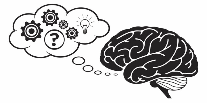 Human brain thinking process with gears and question mark in a thought bubble thinking question intelligence illustration cognition creativity strategy analysis reflection confusion