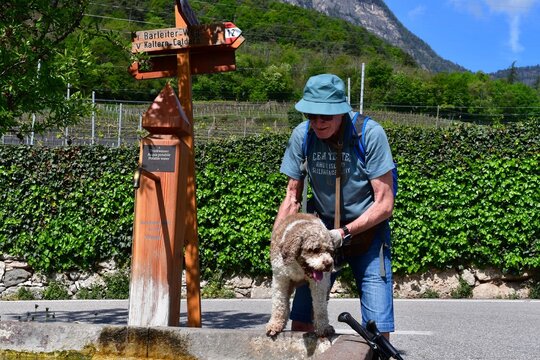 Ein Mann und sein Lagotto Romagnolo Hund an einen Brunnen