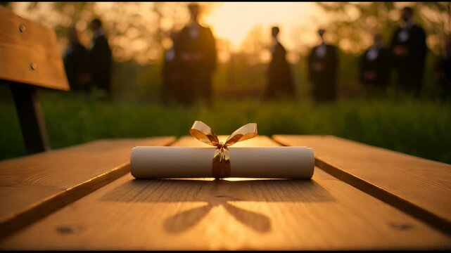 Graduation diploma certificate with golden ribbon on wooden table at sunset
