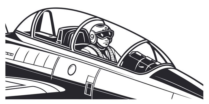 Pilot inside fighter plane cockpit illustration with airplane aircraft aviation military illustration monochrome isolated technical interior airforce performance professional operator