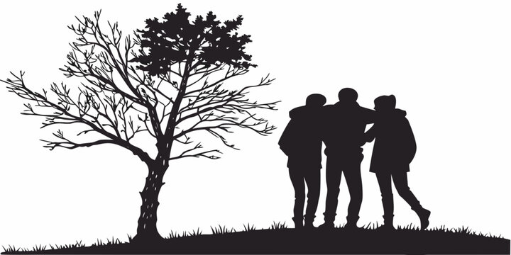 Silhouette graphic of three friends standing near a tree on a grassy hill with silhouette standing outdoors friendship togetherness landscape community together lifestyle relaxing minimalist