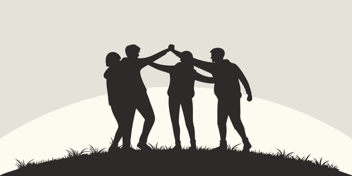 Silhouette graphic of four friends joining hands in unity and team spirit with silhouette teamwork togetherness cooperation collaboration friendship business achievement partnership together