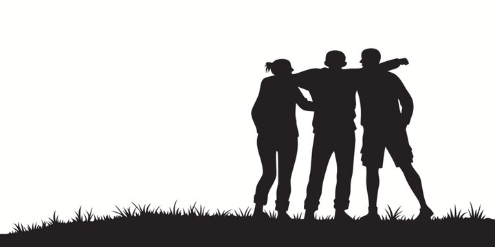 Silhouette illustration of three friends embracing standing on a grassy hill landscape with silhouette friendship standing togetherness landscape teamwork community connection happiness