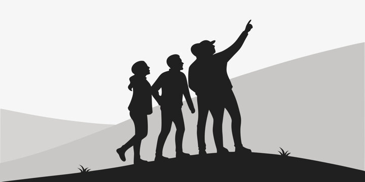 Silhouette of a group of people standing on a hill pointing at the sky with silhouette pointing outdoors adventure discovery landscape together togetherness friendship lifestyle exploration