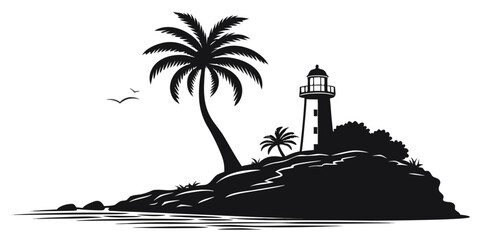 Vector illustration of a lighthouse on a tropical island with palm trees and birds in black and white beacon tower tropical landscape summer holiday travel icon lighthouse silhouette lighthouse © Jannati