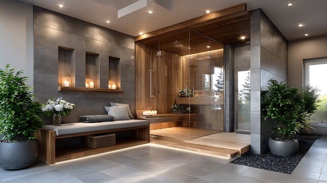 Luxury living room with stone fireplace, large windows, and modern furniture