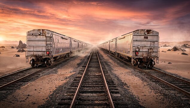 Two trains on parallel tracks in a desert landscape at sunset.
