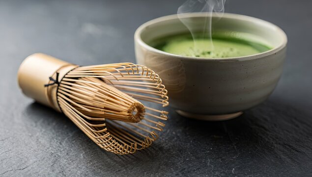 Steaming hot matcha tea in a ceramic bowl with a traditional bamboo whisk on a dark surface.