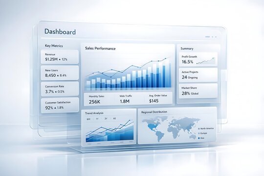 Modern Futuristic Glass Business Dashboard Display with Financial Data, Charts, Analytics, and World Map Interface