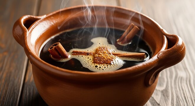 Traditional hot chocolate drink with cinnamon and whipped cream in rustic clay mug on wooden table. cafe de olla