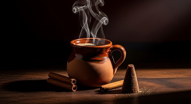 Steaming Hot Chocolate in Traditional Clay Mug with Cinnamon Sticks and Spices. cafe de olla