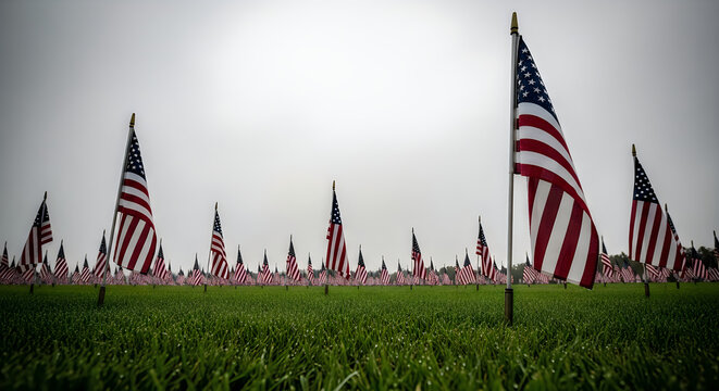 American flags planted in a field overcast day united states overcast