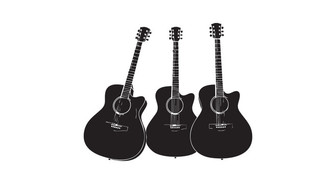 Three acoustic guitars silhouette lined up representing music and string instrument objects.