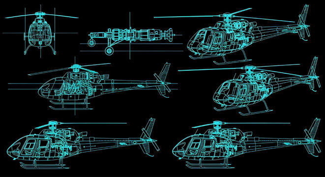 AutoCAD Helicopter Blueprint Vector &ndash; Aviation Technical Diagram Multi View Cyan Outline on Black Background