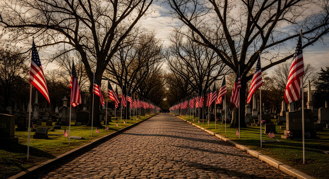 Path lined with american flags in a cemetery during daytime, military cemetery