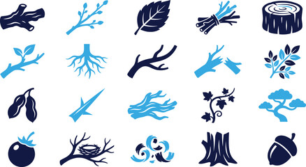 Collection of twenty natural wood icons in two shades of blue, representing branches, leaves, acorns, and more. © PolashMONI