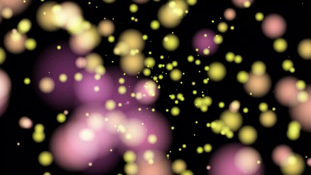 An abstract background featuring glowing colorful lights and shiny glitter circles creates a bright disco night design with purple and pink blur stars for a festive holiday party backdrop