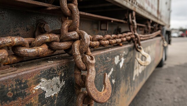 Close-up of heavily rusted metal chains and hooks on the side of an old, weathered trailer.