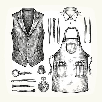 Vintage Watchmaker's Tools and Attire A Detailed Illustration of Precision Instruments and Apron