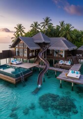 Fototapeta premium Luxurious overwater villa features a private swimming pool and a slide descending directly into the turquoise ocean at sunset.