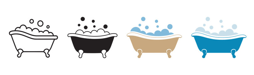Naklejka premium Luxury bathtub home spa vector set, clawfoot tub bubbles hygiene icons, bathroom relaxation wellness symbols collection illustration