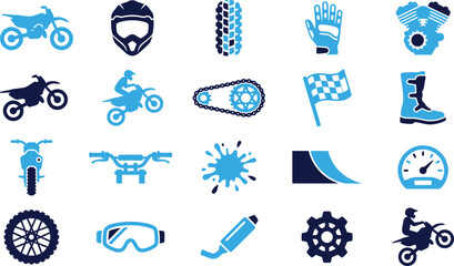 Motocross sport equipment and symbols set motorcycle helmet tire glove engine icons flat design. © PolashMONI