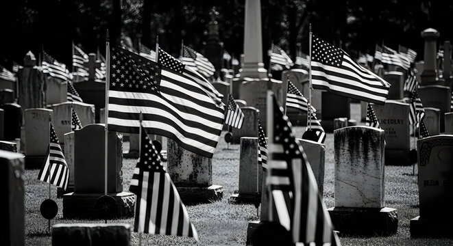 Rows of american flags at a national cemetery at sunny day with sacred ground