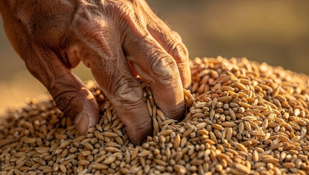 Close up of an elderly hand sifting through a pile of golden wheat grains, symbolizing harvest and agricultural tradition.