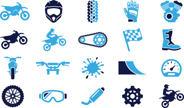 Motocross sport equipment and symbols set motorcycle helmet tire glove engine icons flat design.