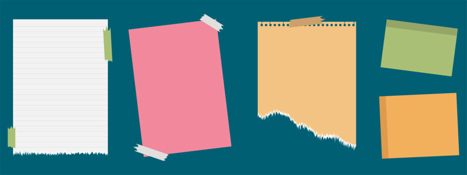 Set of note papers featuring sticky notes, torn note book page with tape  for reminders and list. Stationery element design. Vector illustration