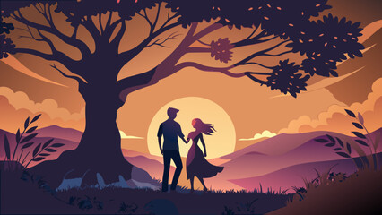 Fototapeta premium Silhouette of Couple Holding Hands Under Big Tree Vector