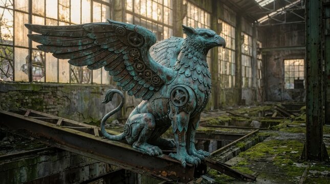 Ancient bronze griffin statue with verdigris patina perched on decaying industrial ruins