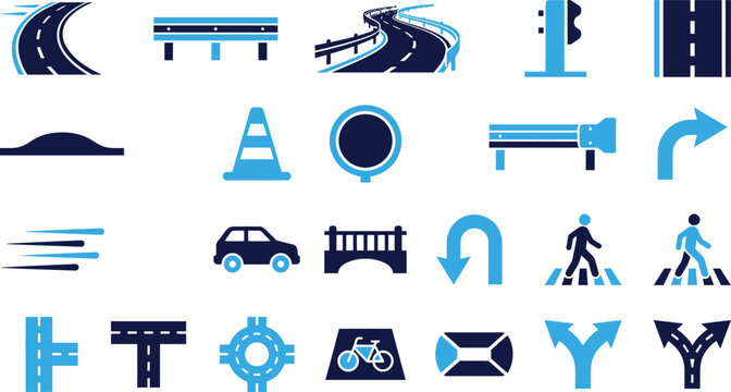 Road and traffic icons in blue and dark blue, illustrating transportation and infrastructure.