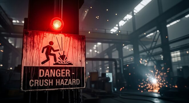 Danger Crush Hazard Sign in Industrial Factory with Welding Sparks