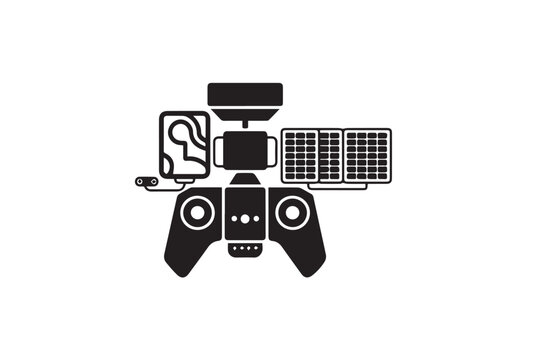 Professional drone controller setup including remote unit with screen and solar panel modules for long range aerial operations and surveying.