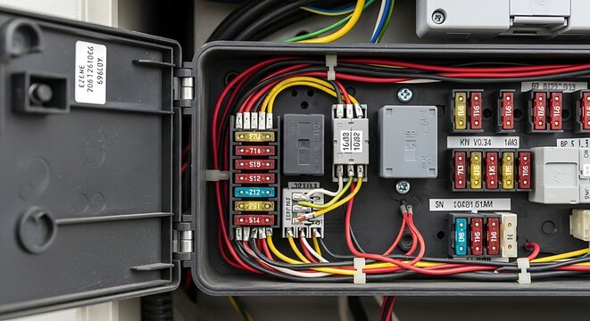 Electrical fuse box with wires, fuses, and circuit breakers, close-up view