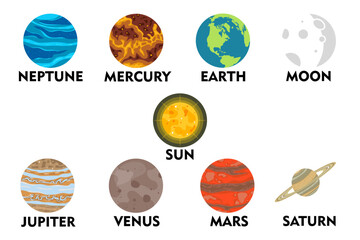 Solar system icon set with Neptune, Mercury, Earth, Moon, Sun, Jupiter, Venus, Mars and Saturn, colorful astronomy illustration for science education and space learning © Kay